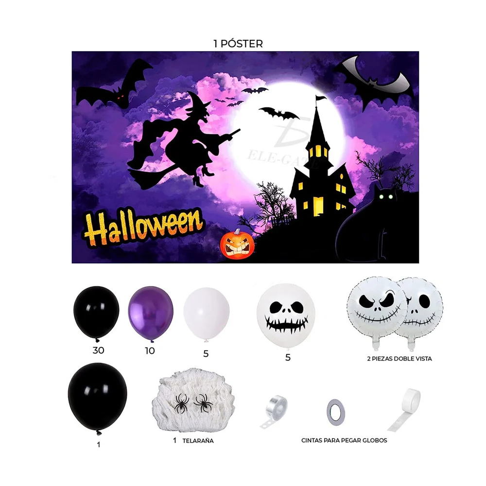 Kit de decoración para fiesta de halloween con variedad de globos, telaraña y tiras cadenas para globos - Imagen 3